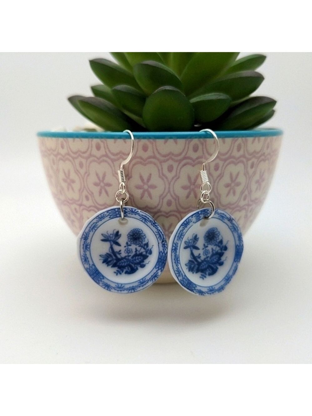 Blue White Floral Delft Ceramic Plate Earrings - Picture 5 of 7